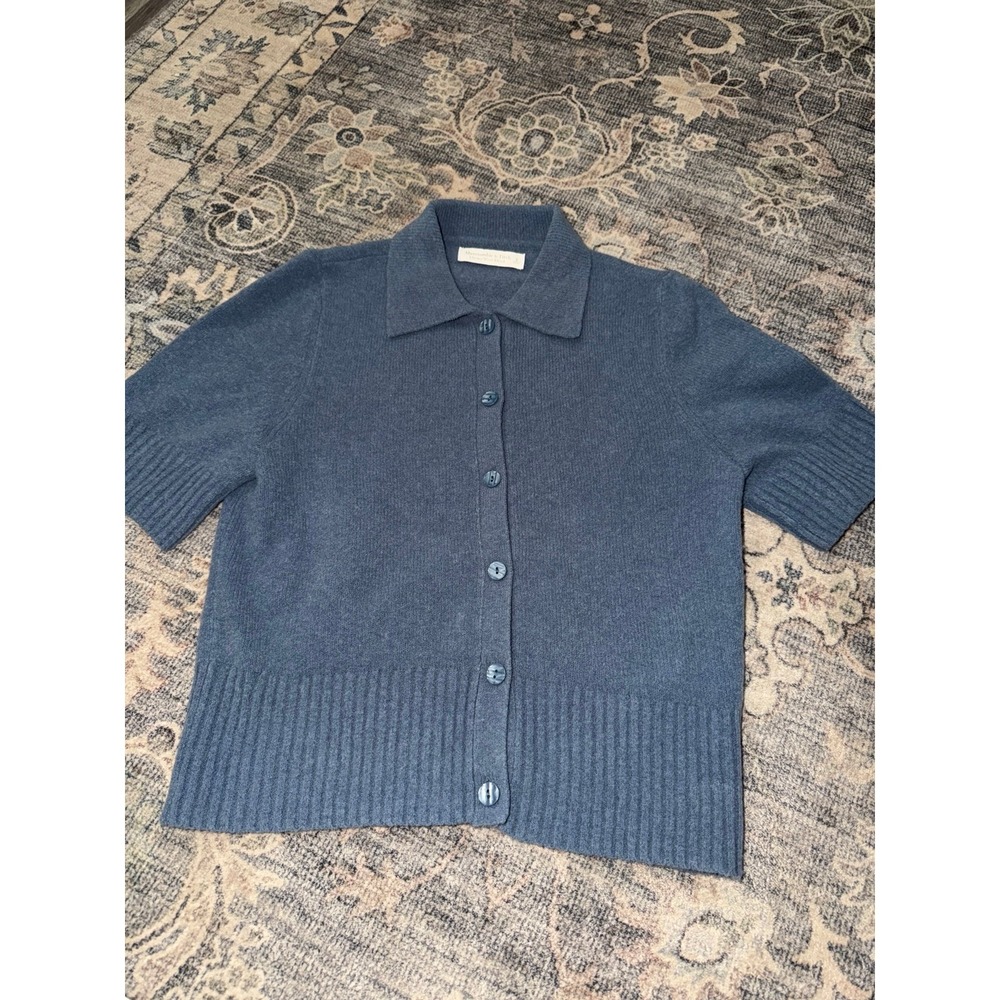 Abercrombie and Fitch Merino Wool Blend Short Sleeve Sweater Top Blue Button Up